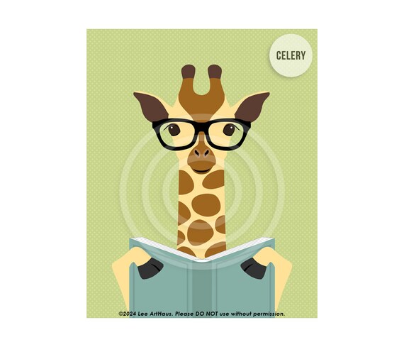 Cute Giraffe Reading Book With Glasses Green Safari Animal Nursery Poster