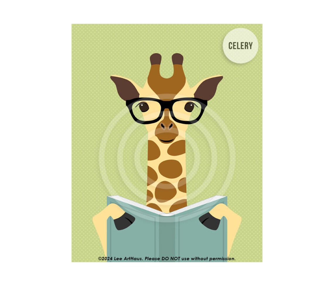 Cute Giraffe Reading Book With Glasses Green Safari Animal Nursery Poster