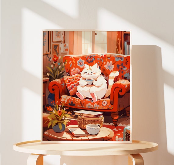 Cat Wall Art Fun White Cat Painting, Cat Mom Gift