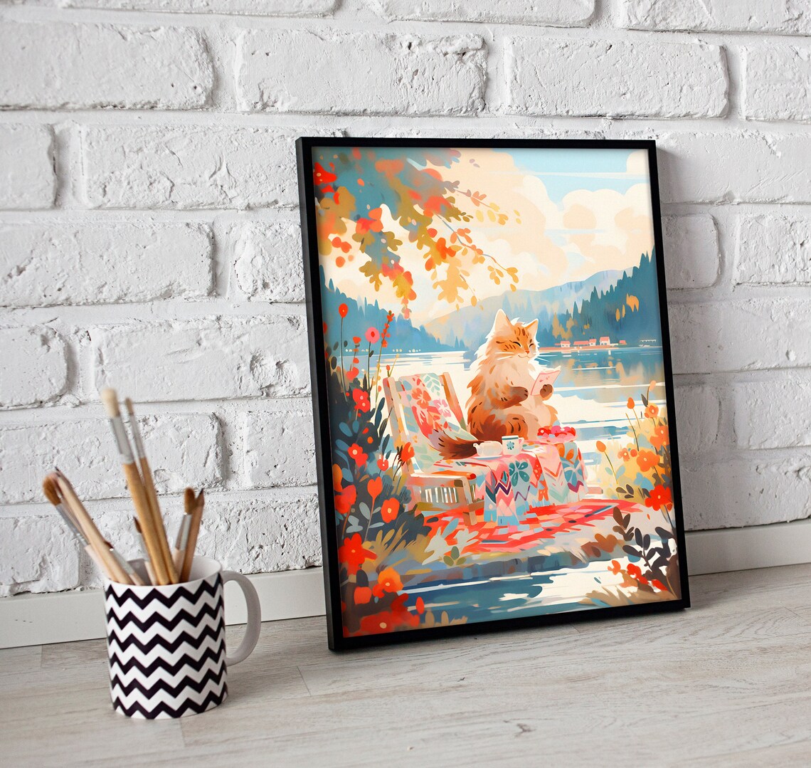 Lovely Cat Poster, Tranquil Lake Art Print - Image 2