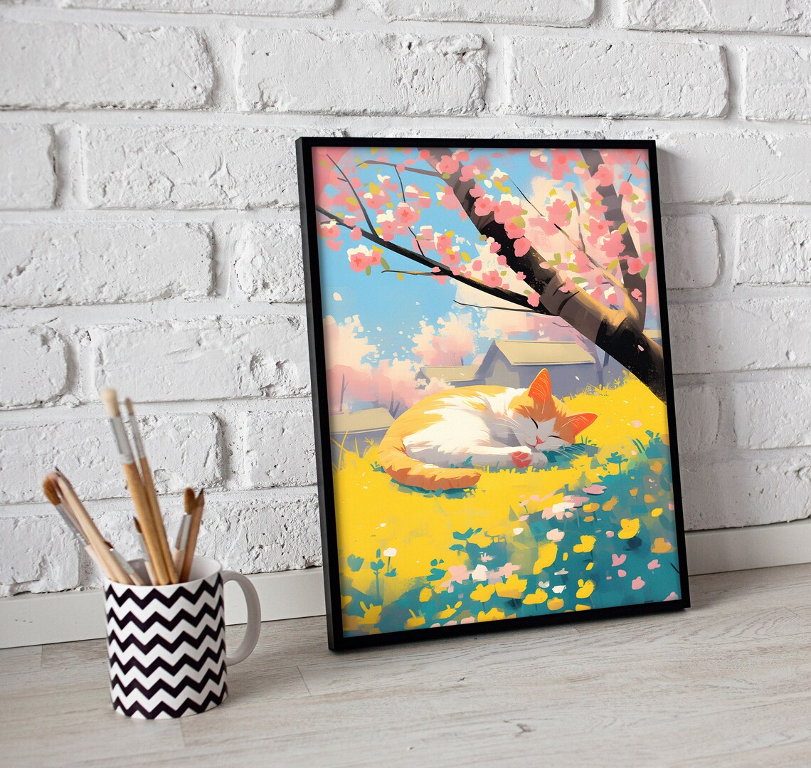 Cozy Tabby Cat and Cherry Blossom Wall Art Print - Image 3