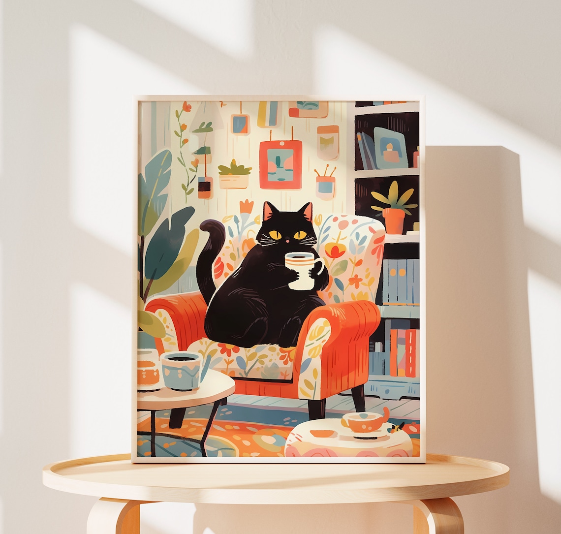 Cozy Cat Print, Funny Cafe Cat Art Print