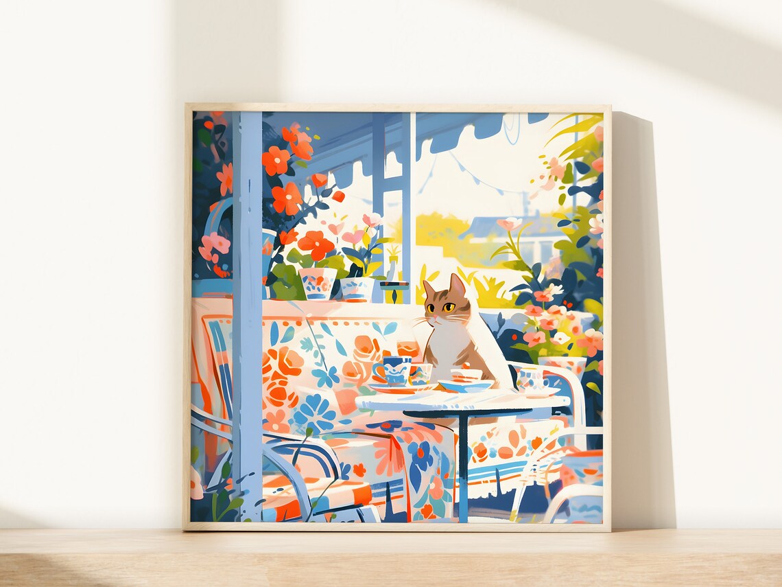 Golden Tabby Cat at a Sunny Garden Terrace Bistro Table Poster