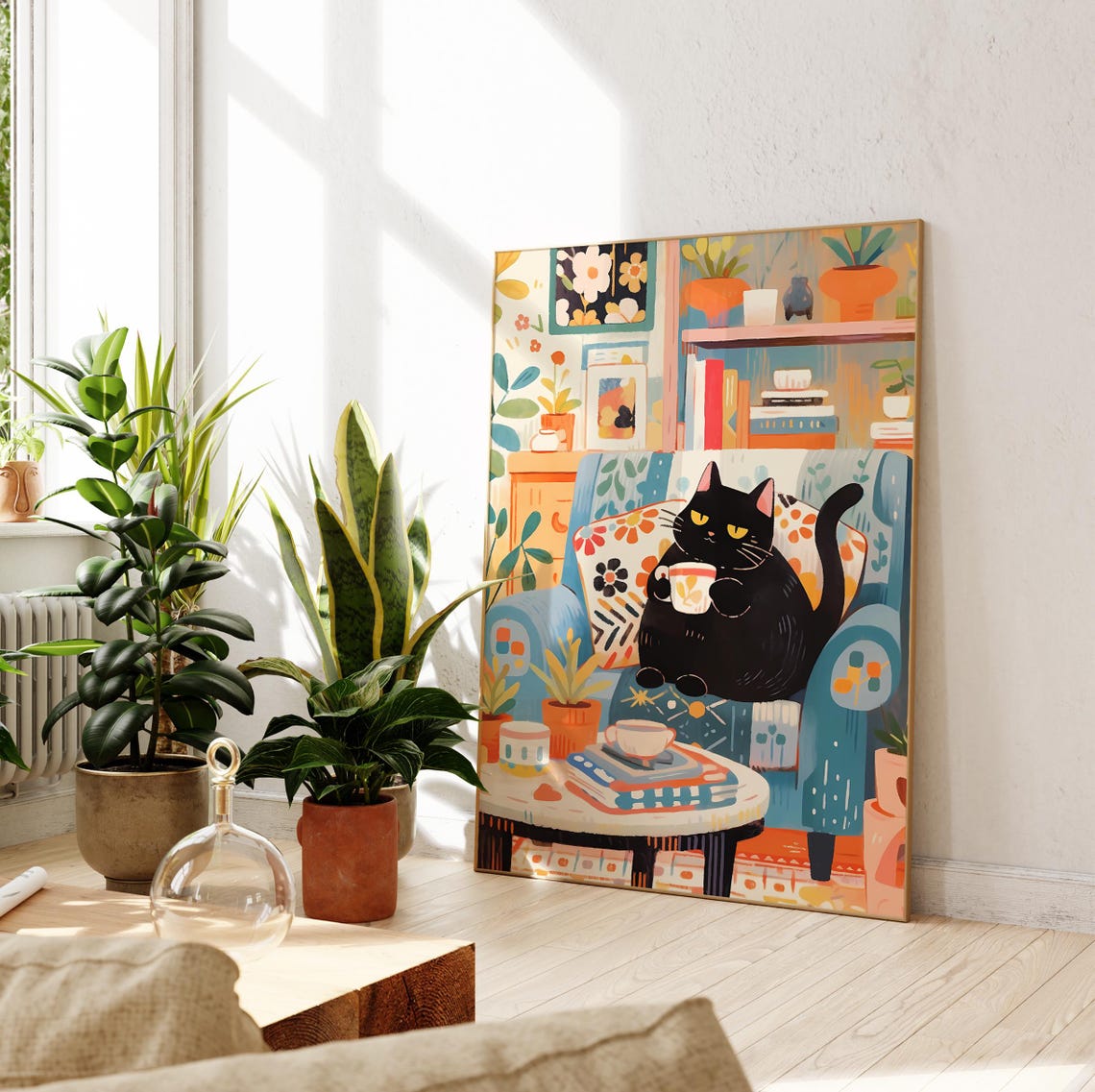 Charming Black Cat Holding Floral Cup in a Blue Armchair Poster - Image 2