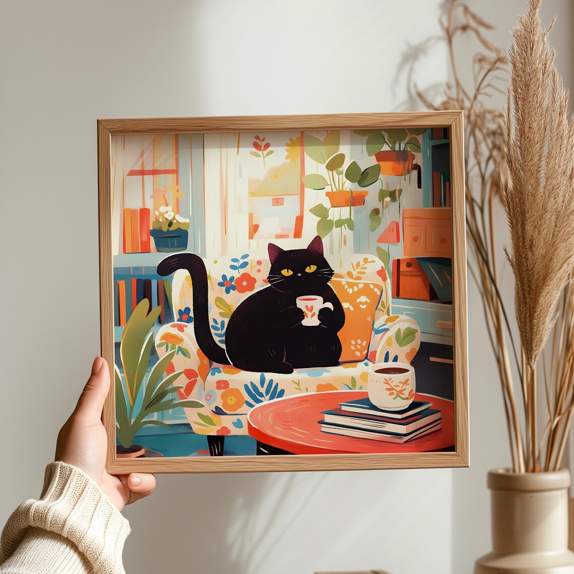 Black Cat Holding Heart Mug on Floral Chair with Books Poster - Image 3