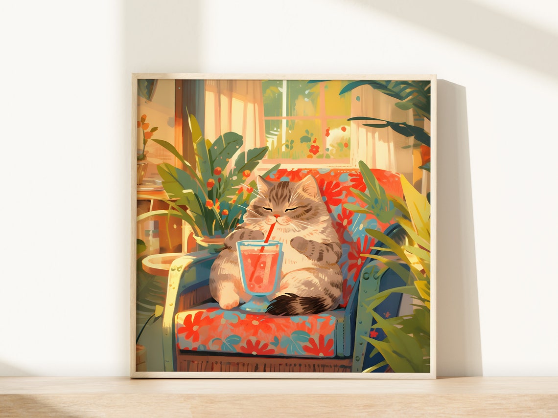 Tabby Cat Drinking Pink Cocktail with Straw in Tropical Chair Poster