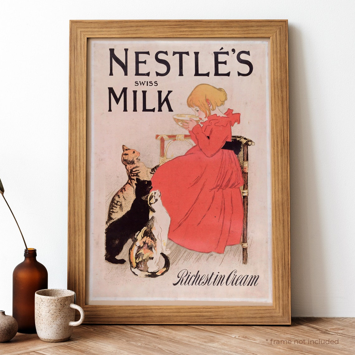 Vintage Nestle Swiss Milk Advertising Poster Girl With Cats Retro Art