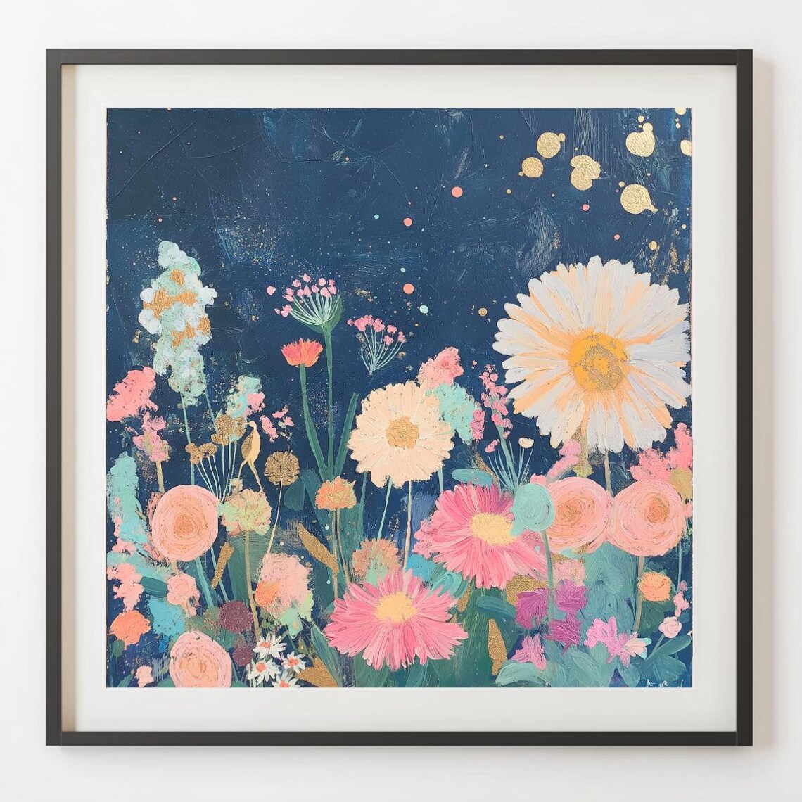Moody Dark Navy Botanical Floral Painting With Gold Accents Wall Art