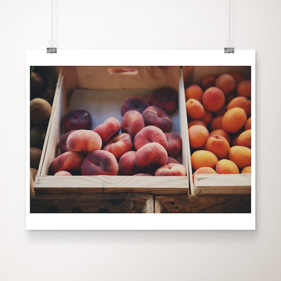 Ripe Peaches And Apricots In Wooden Crates Market Photograph Poster