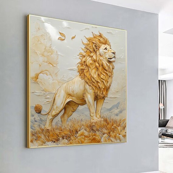 Golden Lion Standing Tall Savanna Grass Cloudy Sky Wildlife Art Poster