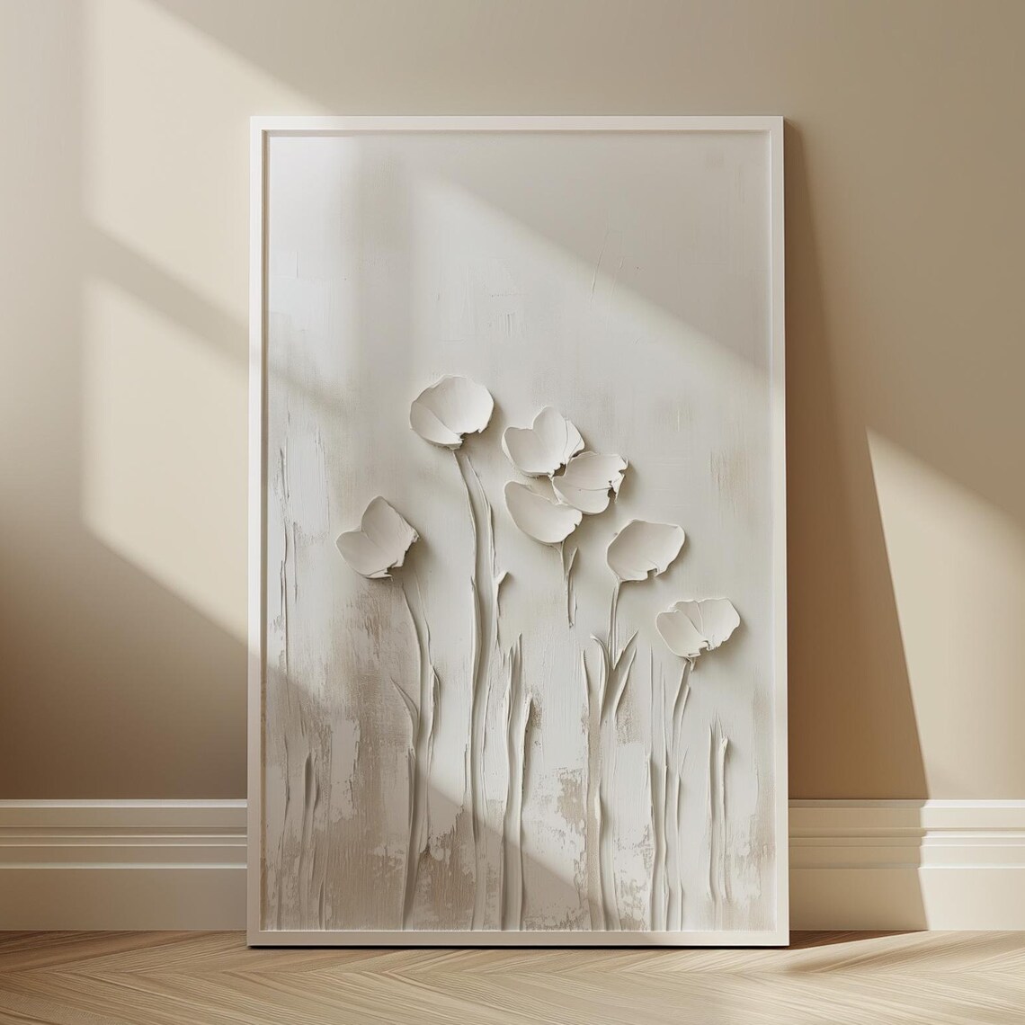 White Plaster Floral Relief Botanical Minimalist Textured Art Poster