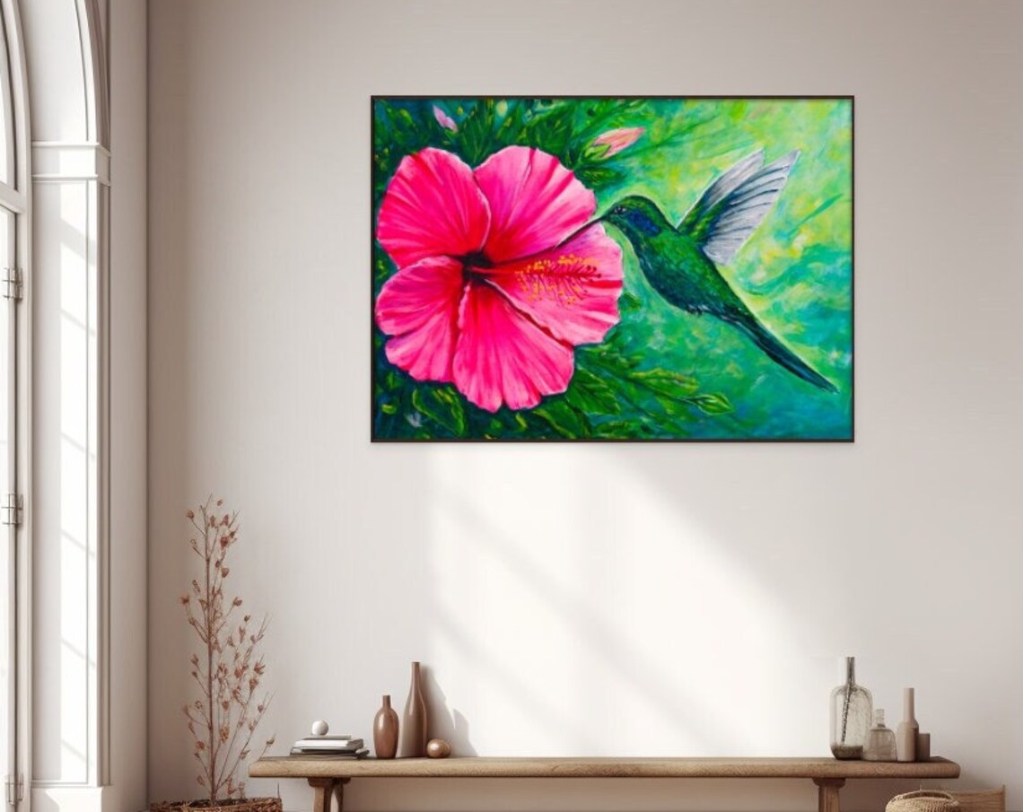 Hibiscus Flower Hummingbird Painting Tropical Pink Green Art Poster - Image 5
