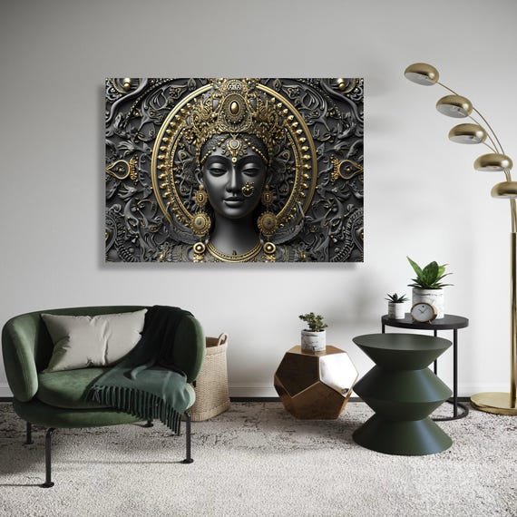 Durga Goddess Canvas 3d Ornate Black Gold Print Divine Hindu Deity Wall Art Ethnic Meditation Decor Navratri Statement