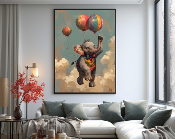 Flying Circus Elephant Art Whimsical Animal Print Colorful Balloon Canvas Playful Nursery Decor Fantasy Wall Ready To Hang
