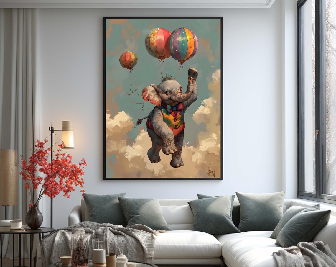 Adorable Baby Elephant Flying Colorful Balloons Circus Sky Art Print