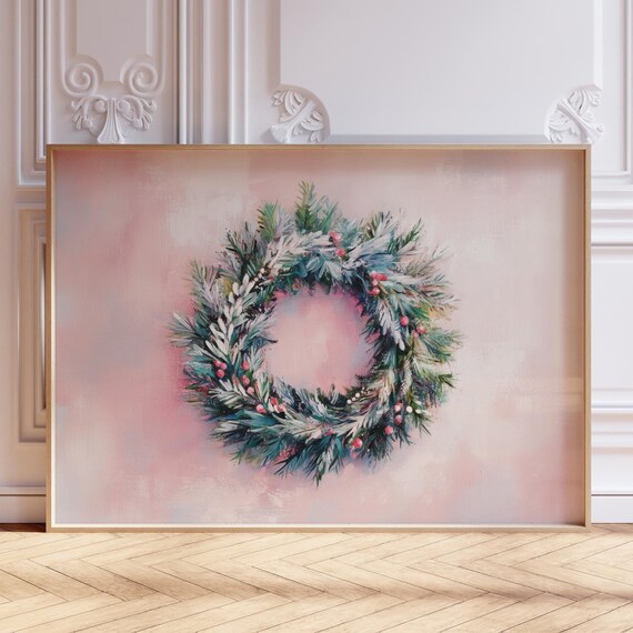 Snowy Painted Christmas Wreath Pine Berries Holiday Wall Art