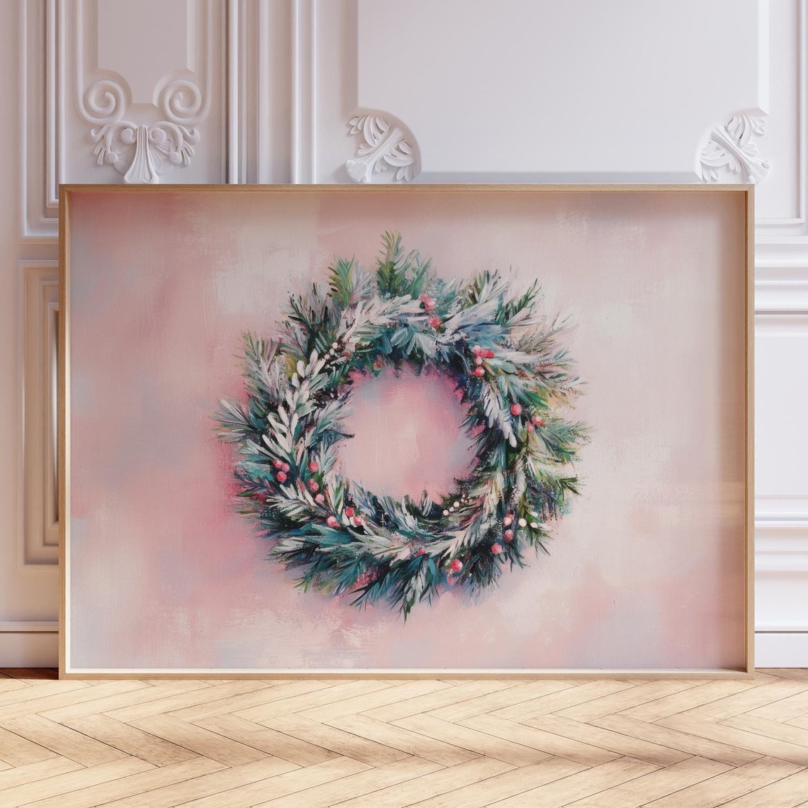 Snowy Painted Christmas Wreath Pine Berries Holiday Wall Art