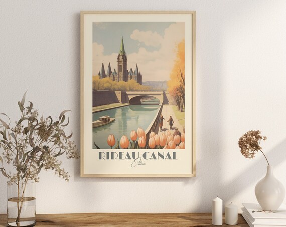 Rideau Canal Ottawa Vintage Travel Poster Tulips Parliament Autumn