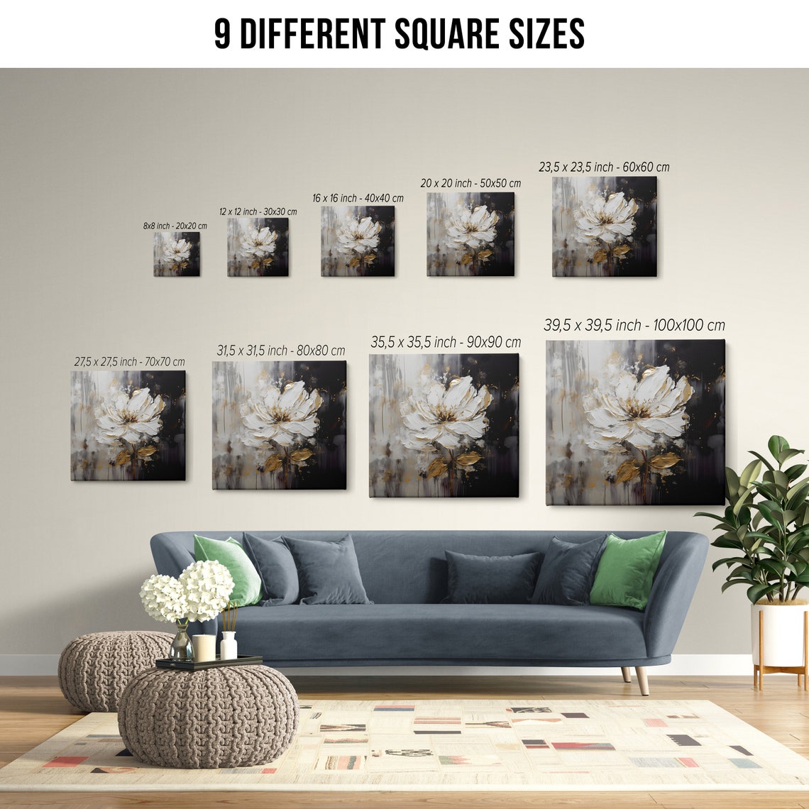 White Flower Gold Leaf Palette Knife Dark Background Elegant Wall Art - Image 2