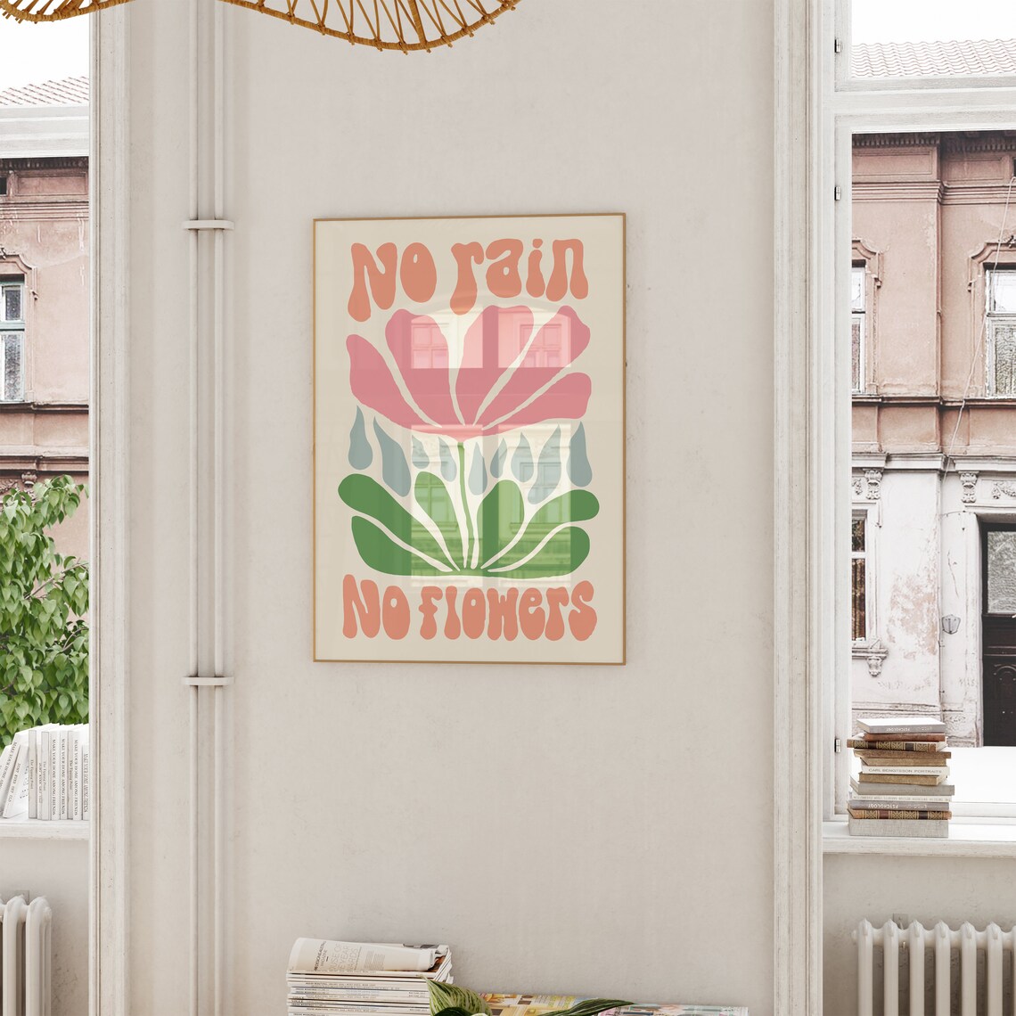 No Rain No Flowers Retro Quote Pink Floral Motivational Poster - Image 3