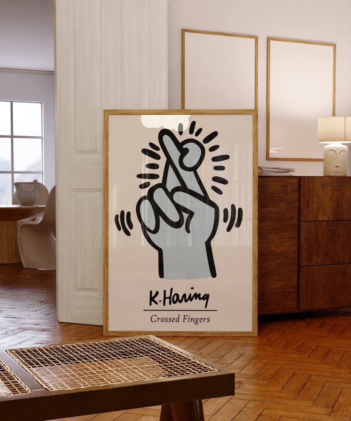 Keith Haring Crossed Fingers Pale Blue Lucky Hand Pop Art Poster - Image 4