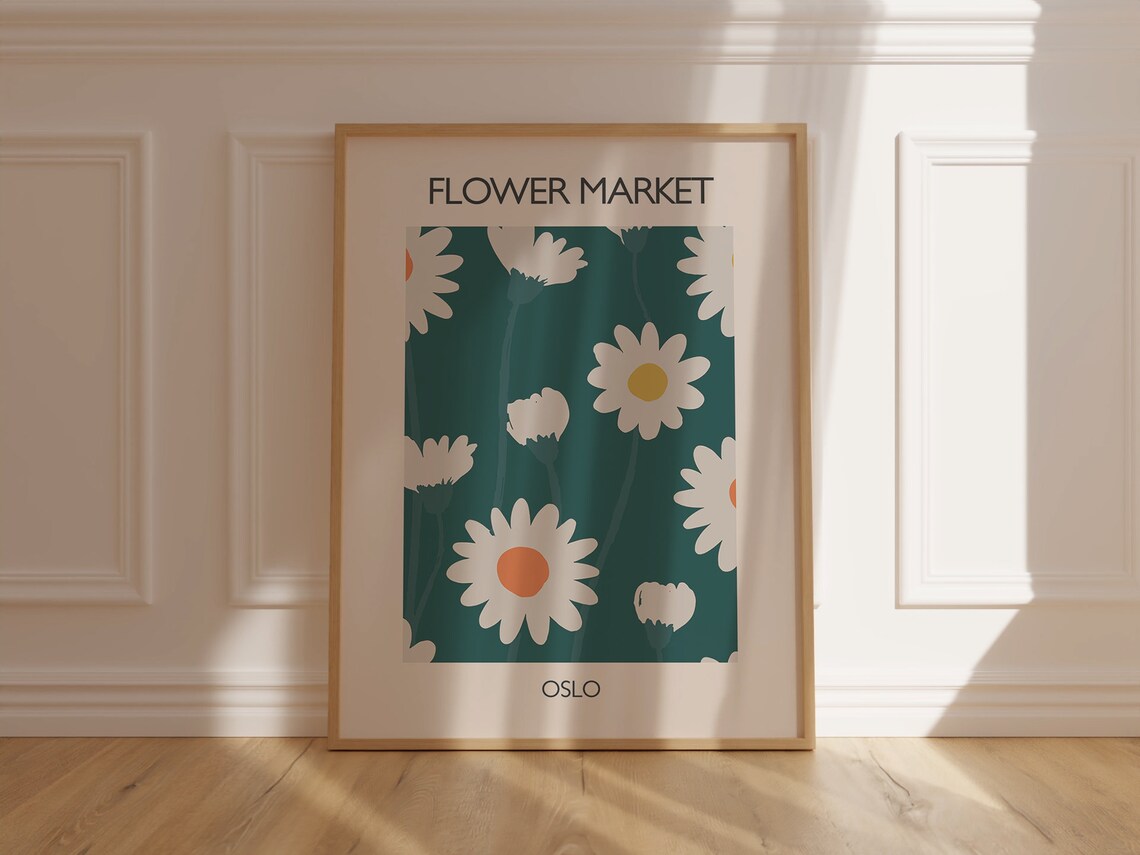 Flower Market Oslo White Daisy Floral Vintage Poster on Teal - Image 6