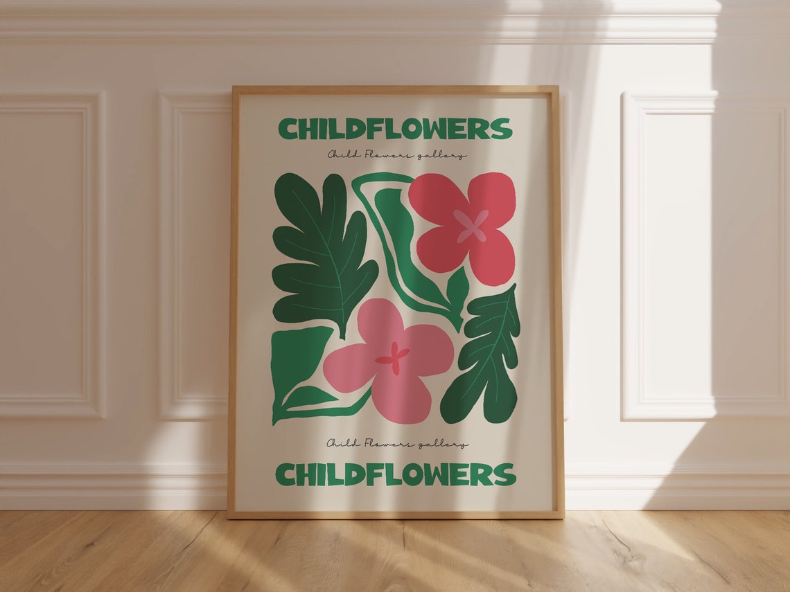 Childflowers Pink Green Botanical Gallery Modern Playful Art Poster