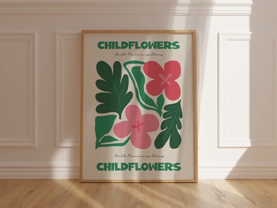 Childflowers Pink Green Botanical Gallery Modern Playful Art Poster