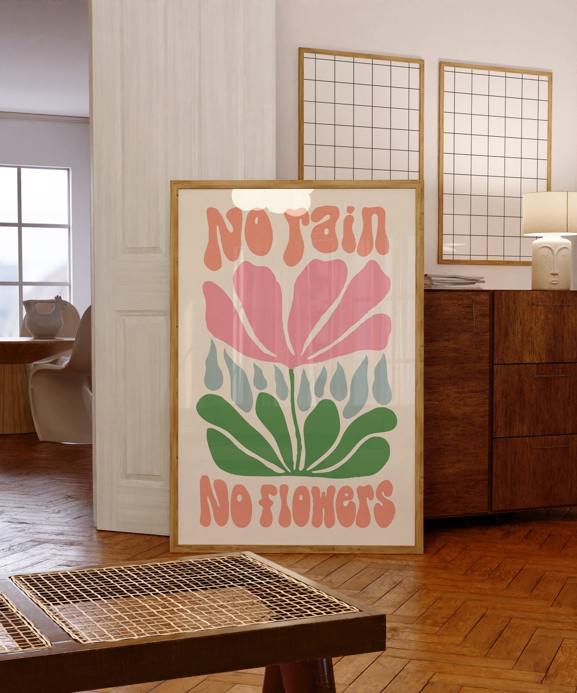 No Rain No Flowers Retro Quote Pink Floral Motivational Poster - Image 5