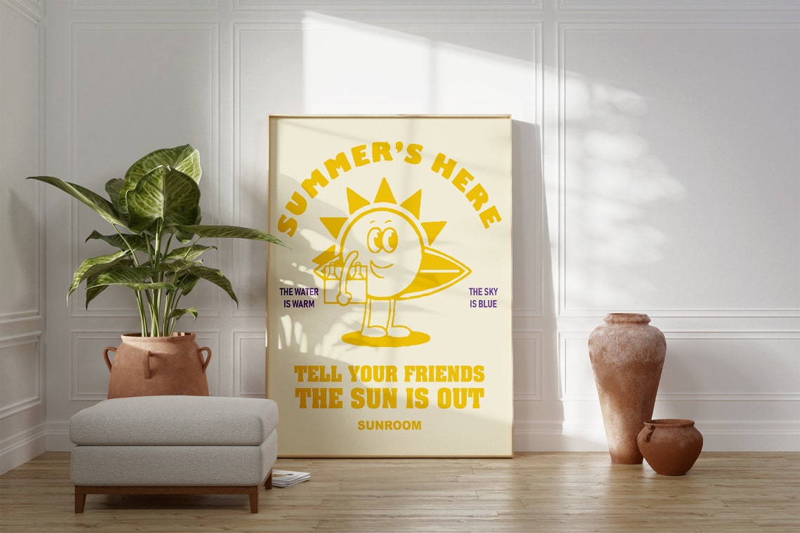Summer's Here Retro Smiling Sun Mascot Sunshine Quote Poster - Image 3