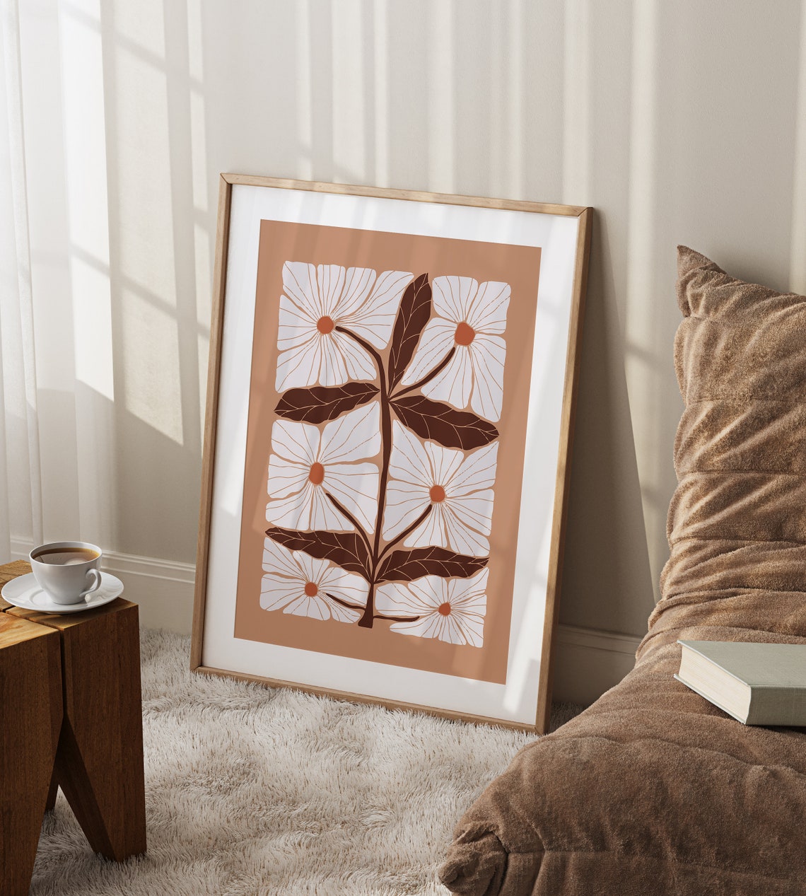 White Blossom Brown Foliage Botanical Minimalist Decor Art Print - Image 2