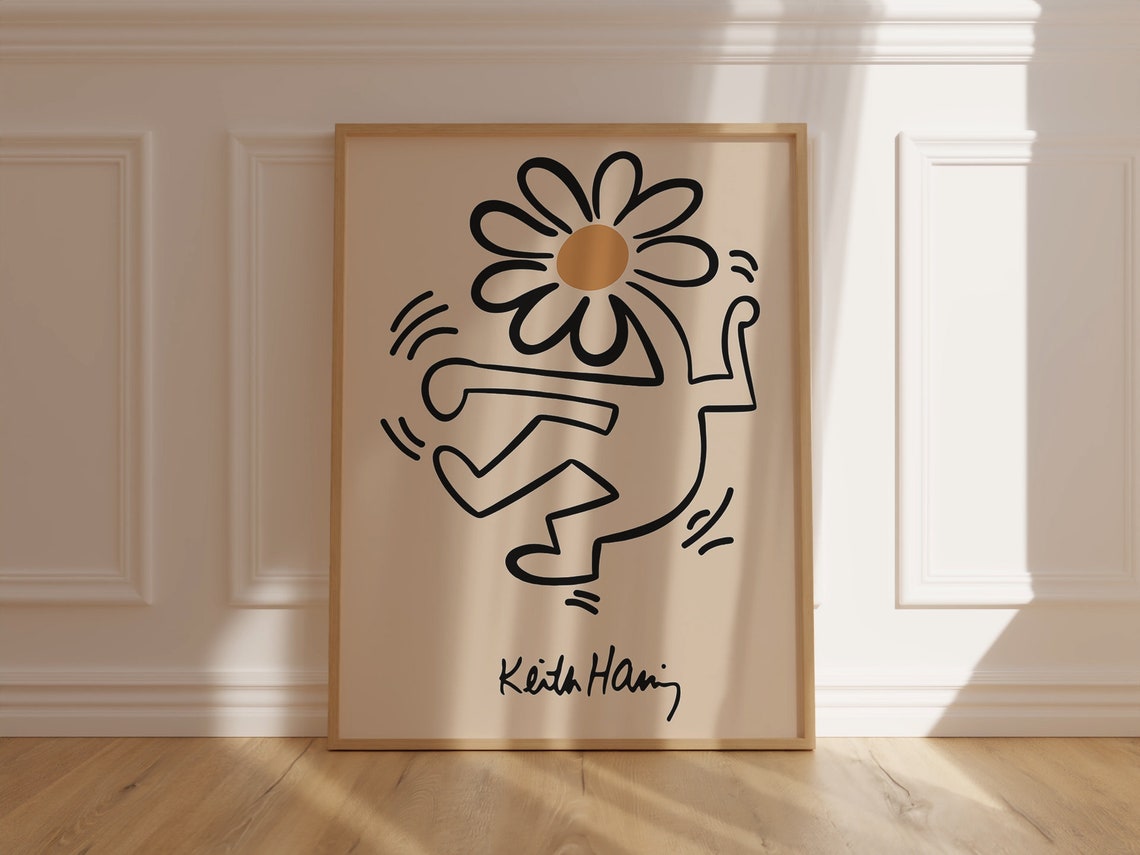 Keith Haring Style Dancing Daisy Flower Pop Art Line Drawing Poster