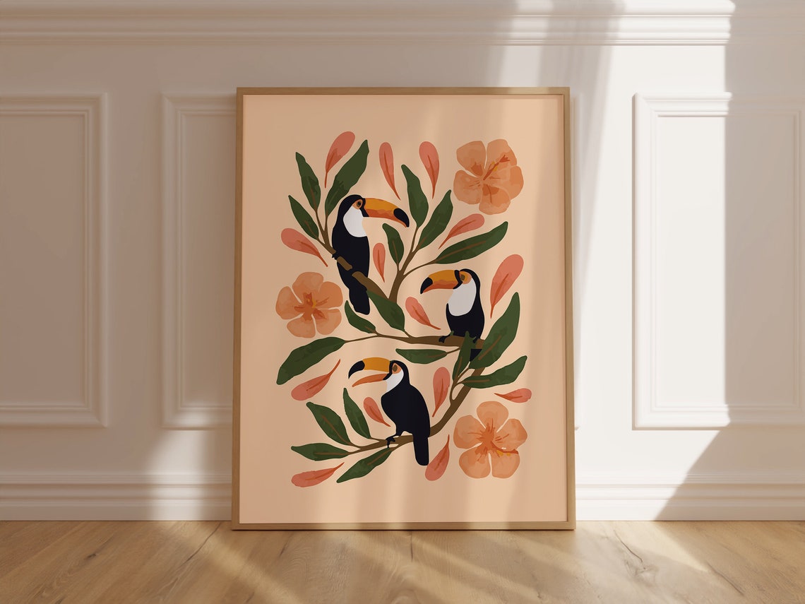 Cheerful Tropical Toucans Branch Birds Floral Botanical Wall Art - Image 6