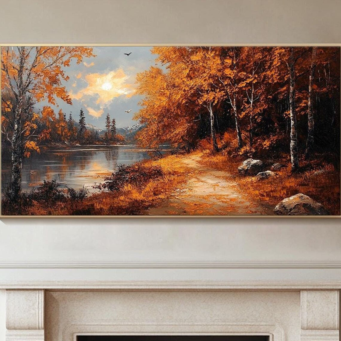 Autumn Forest Lake Sunset Golden Birch Trees Oil Painting Landscape
