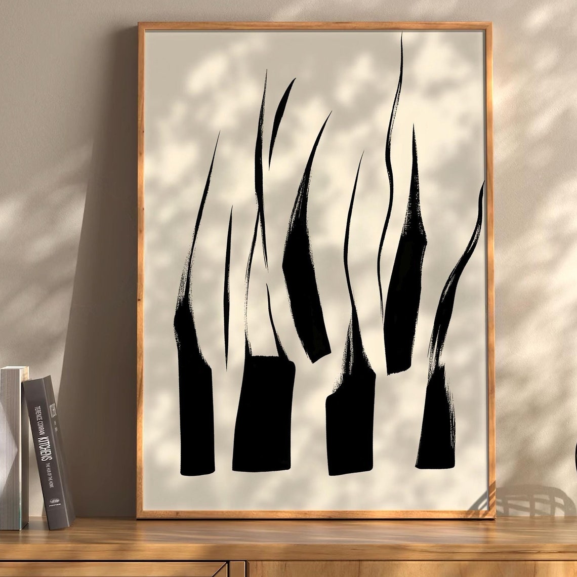 Abstract Black Brushstroke Grass Modern Minimalist Beige Poster