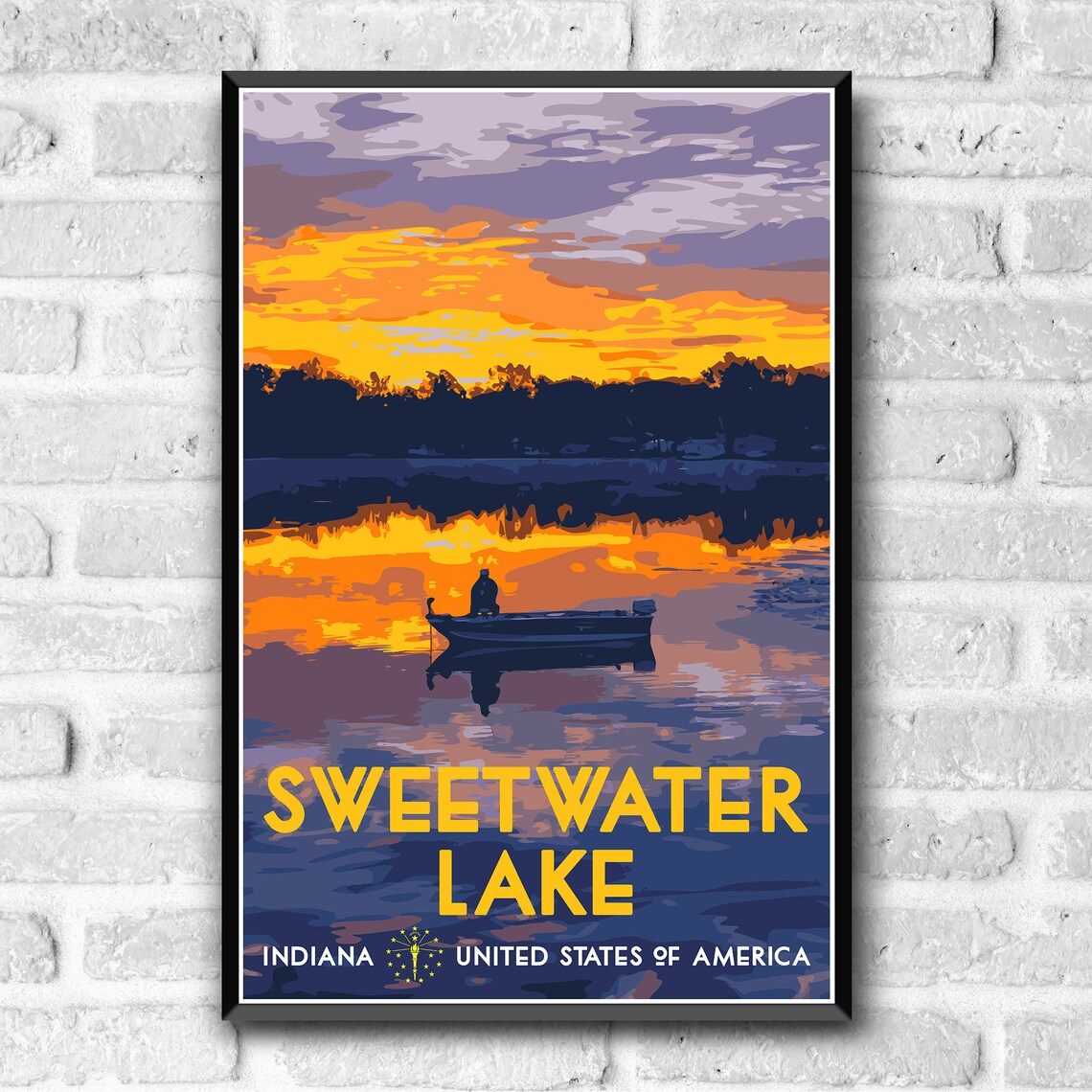 Sweetwater Lake Indiana Sunset Fisherman Boat Vintage Travel Poster - Image 3