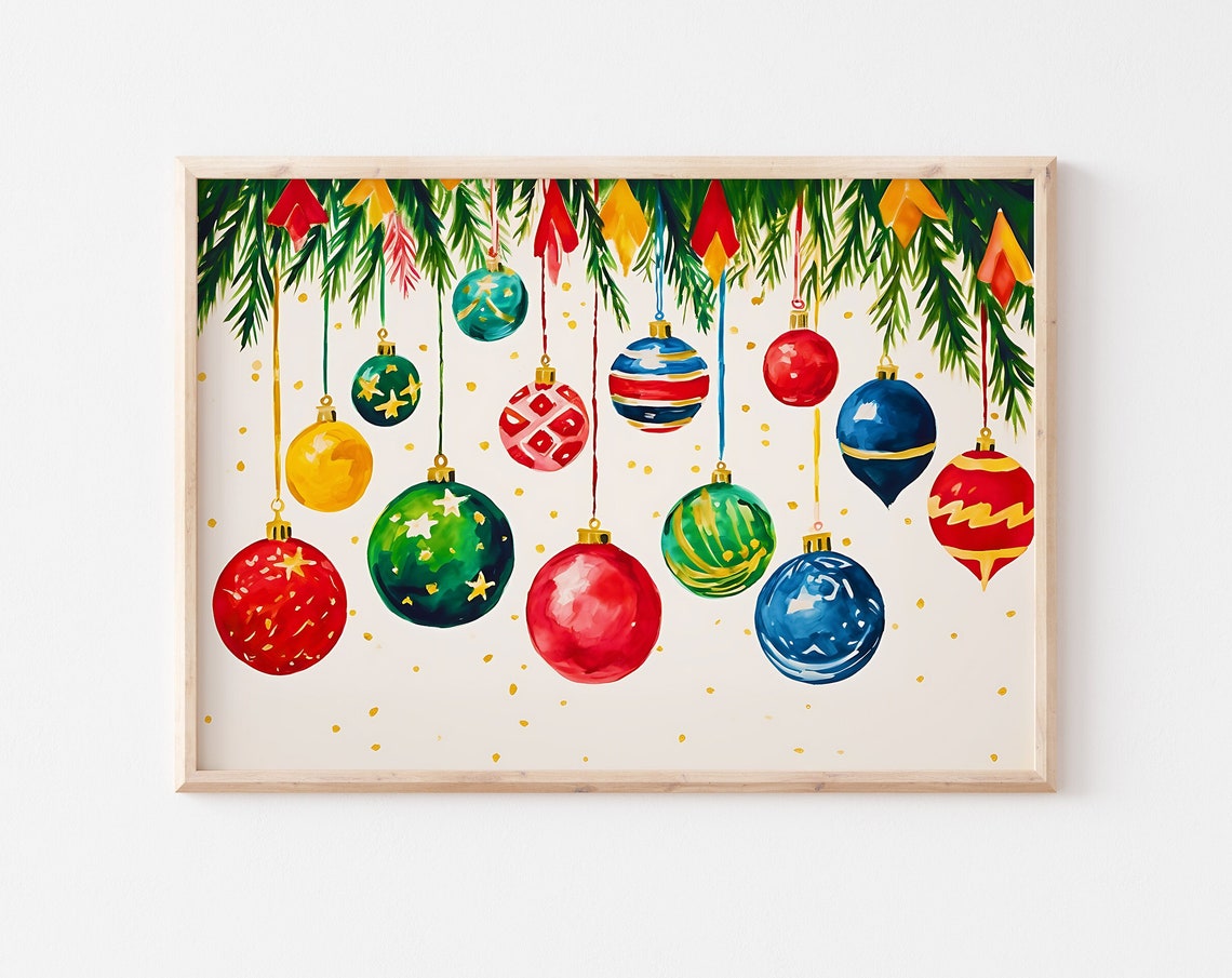 Watercolor Christmas Baubles Hanging Pine Branches Holiday Poster