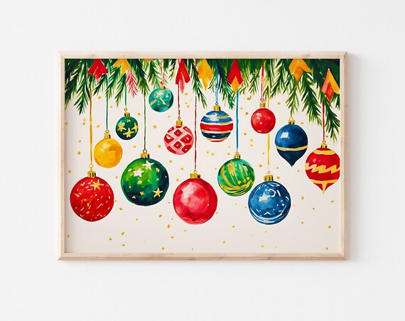 Watercolor Christmas Baubles Hanging Pine Branches Holiday Poster