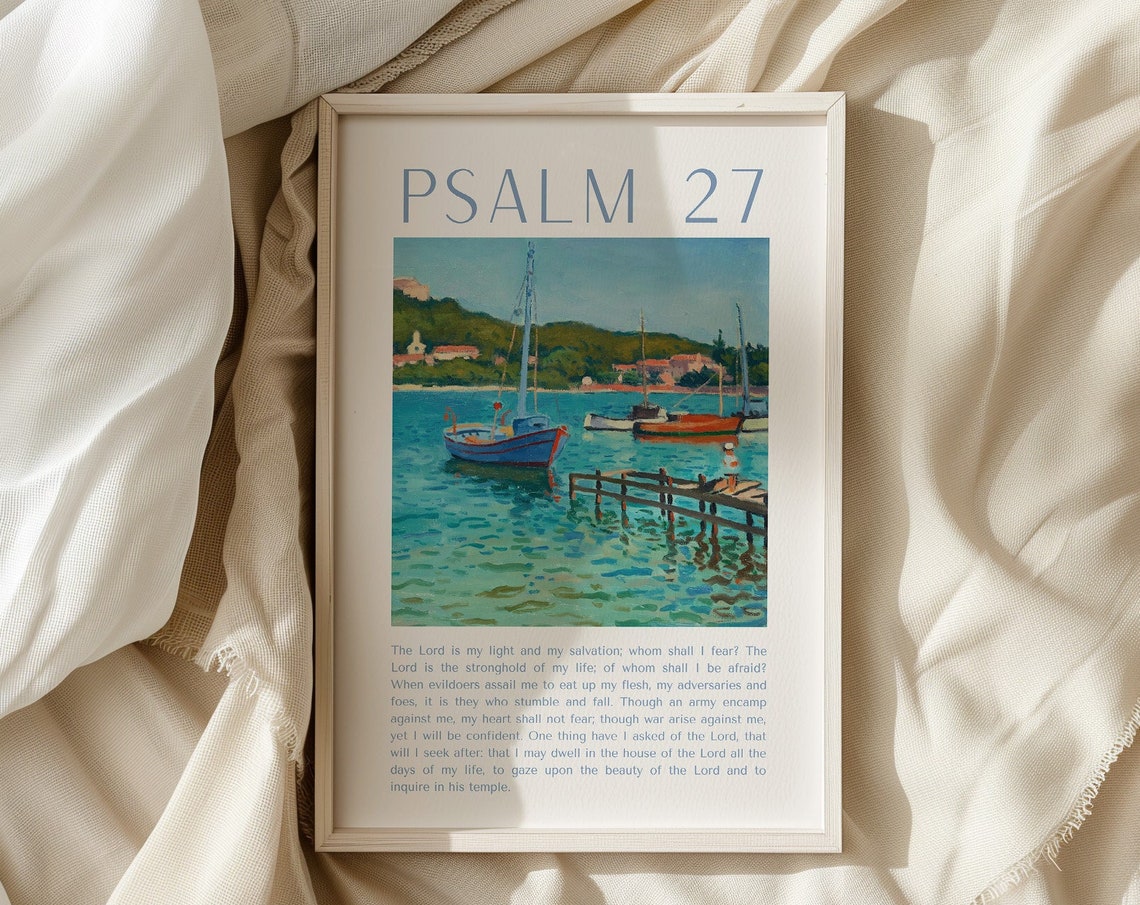 Psalm 27 Sailboat Harbor Painting Cream Scripture Verse Poster