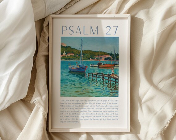 Psalm 27 Sailboat Harbor Painting Cream Scripture Verse Poster