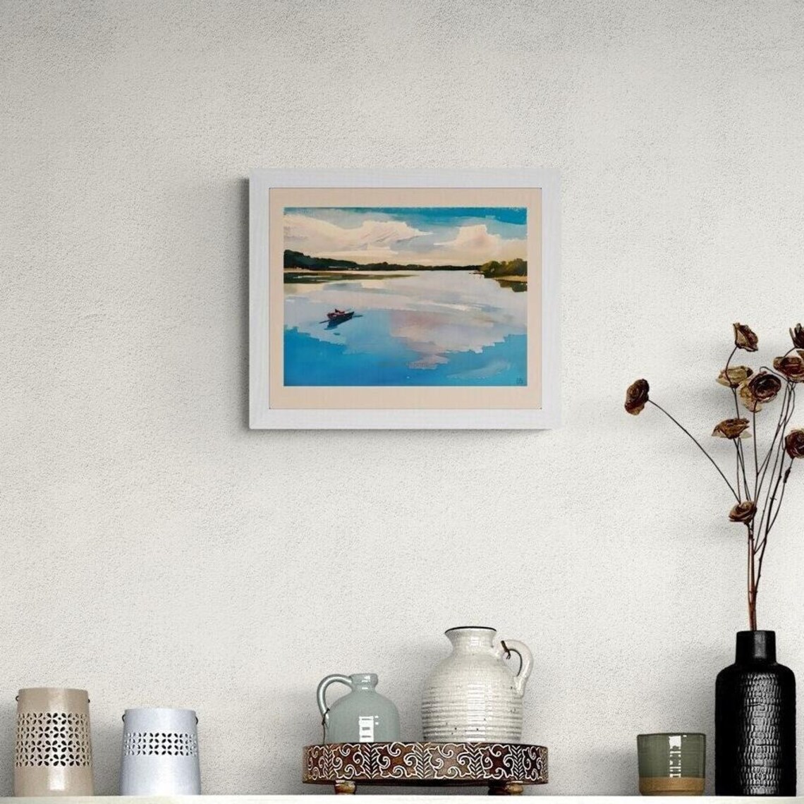 Serene Lake Watercolor Art Print Tranquil Landscape with Rowboat Reflection