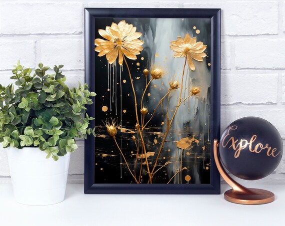 Golden Flowers on Black Dramatic Abstract Botanical Wall Art Piece