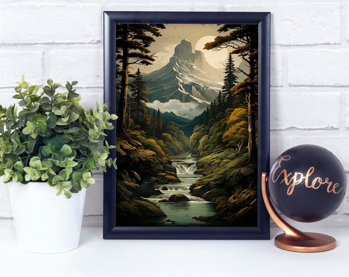Highland Sunrise Mountain Waterfall Forest Moonlight Art Poster