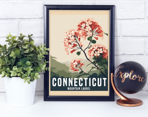 Connecticut Mountain Laurel Blossom Vintage Botanical Travel Poster