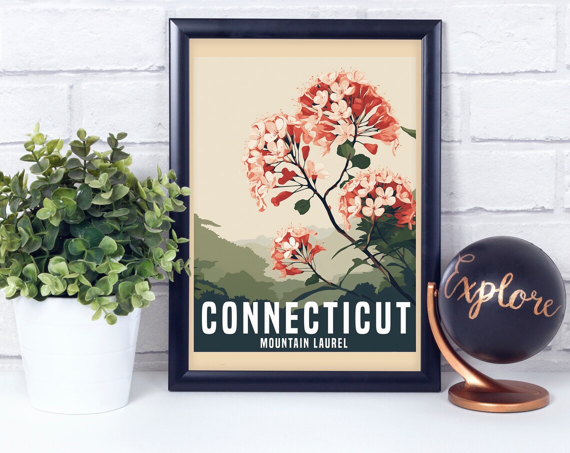 Connecticut Mountain Laurel Blossom Vintage Botanical Travel Poster