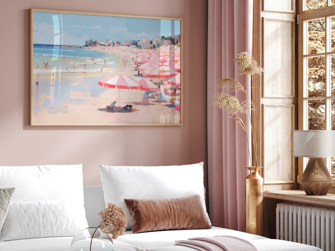 Pink Umbrellas Crowded Beach Pastel Seaside Coastal Summer Art Poster - Image 4