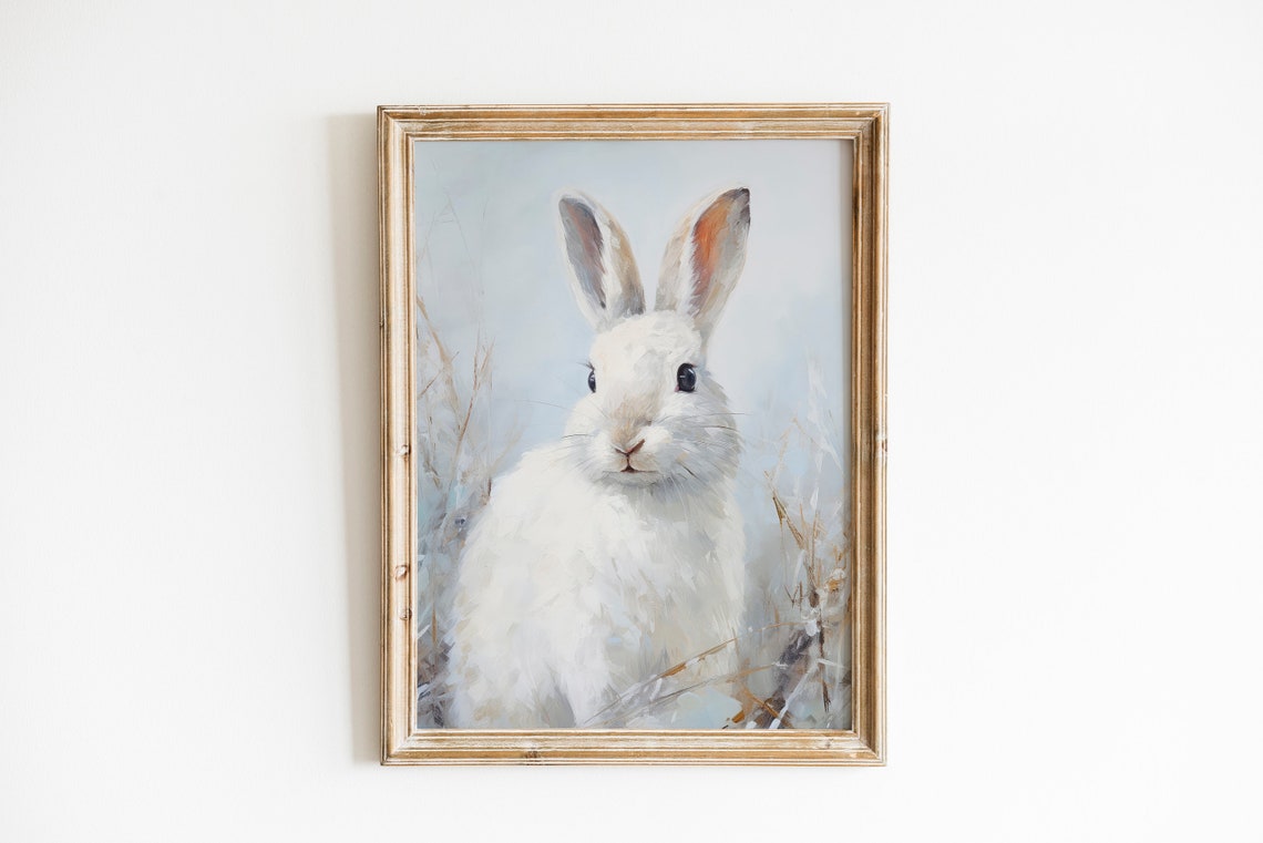 White Rabbit in Winter Grass Soft Watercolor Bunny Painting Poster