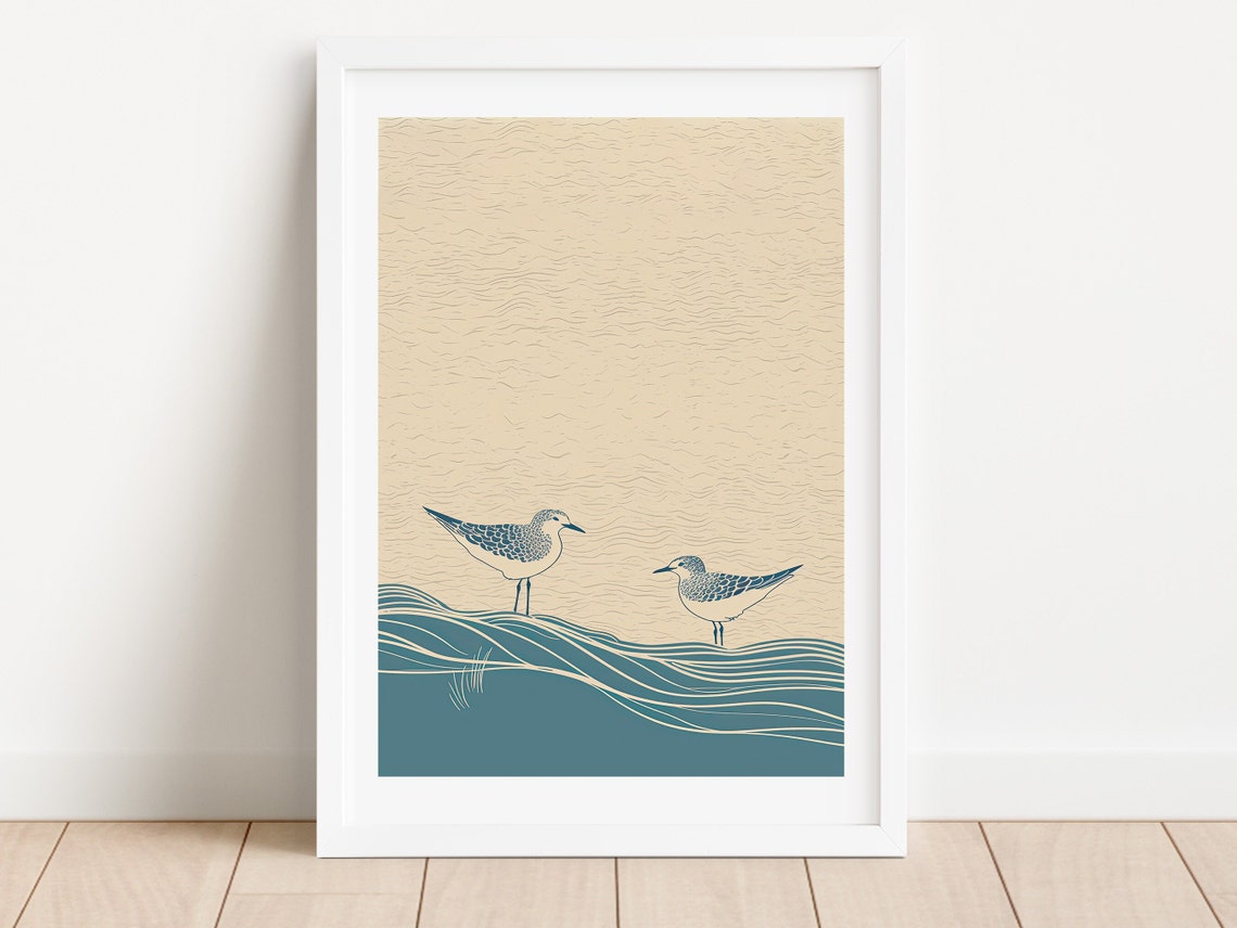 Two Sandpipers Coastal Birds Minimalist Navy Beach Art Print