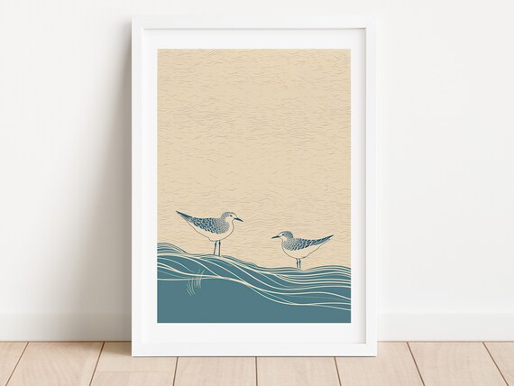Two Sandpipers Coastal Birds Minimalist Navy Beach Art Print