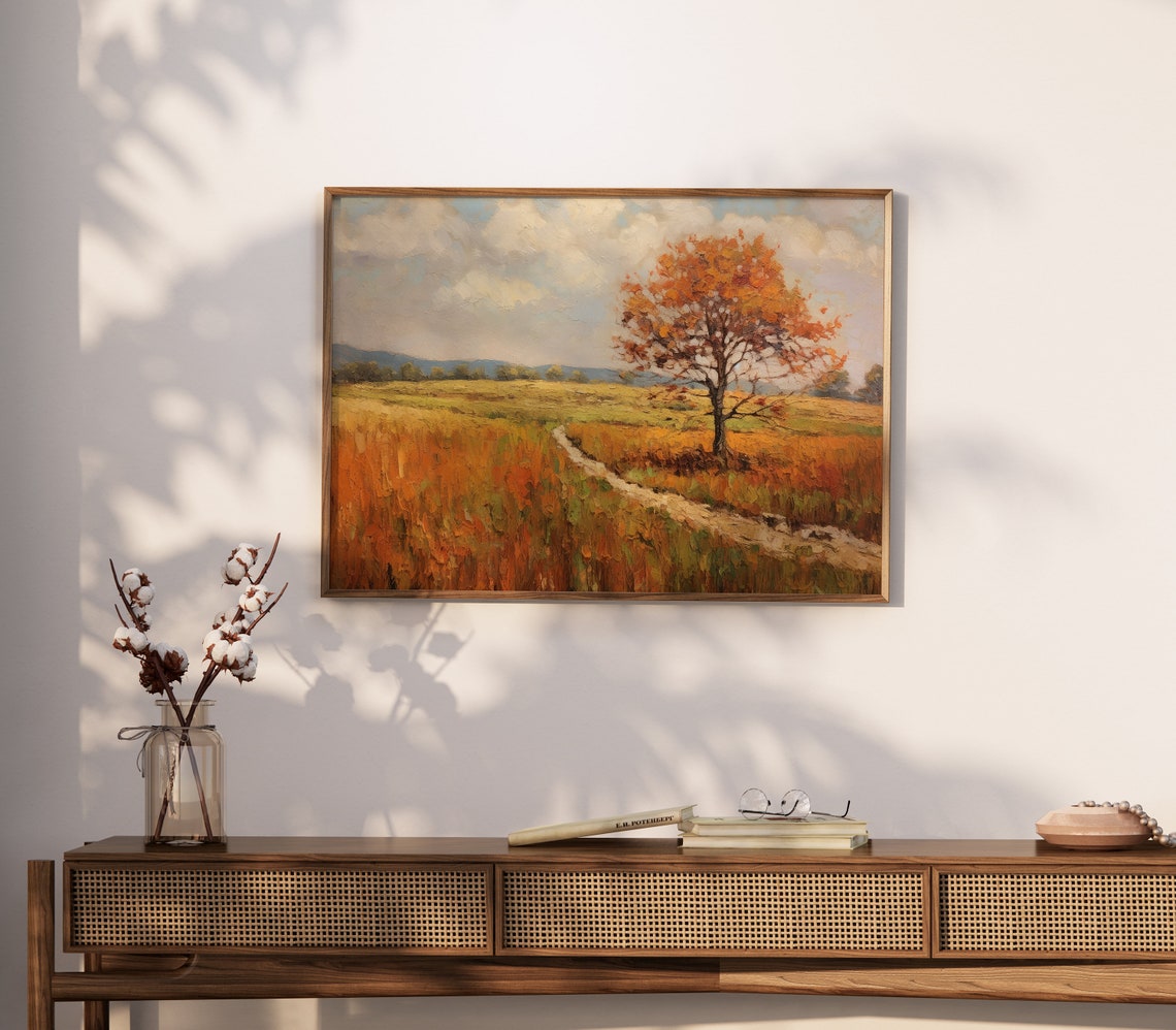 Rustic Autumn Field Lone Tree Winding Path Farmhouse Art Print - Image 2